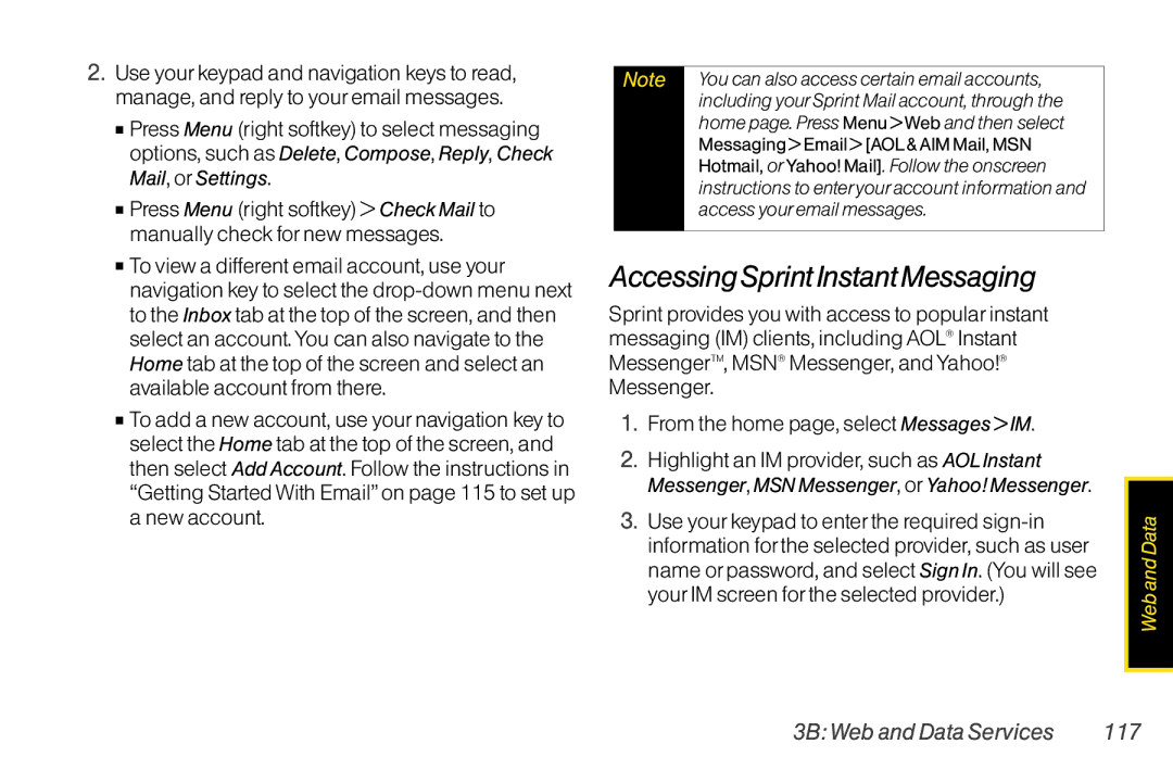 Mitel LG260 manual Accessing SprintInstant Messaging, 3B Web and Data Services 117 