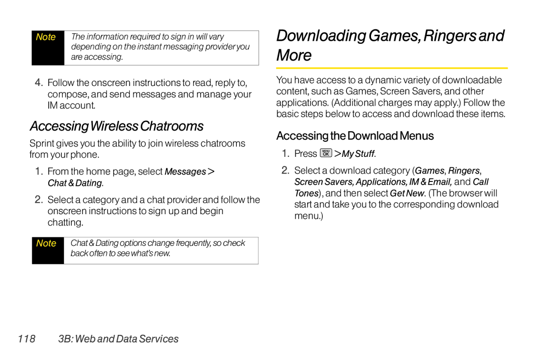 Mitel LG260 manual Downloading Games, Ringers and More, AccessingWireless Chatrooms, Accessing the Download Menus 