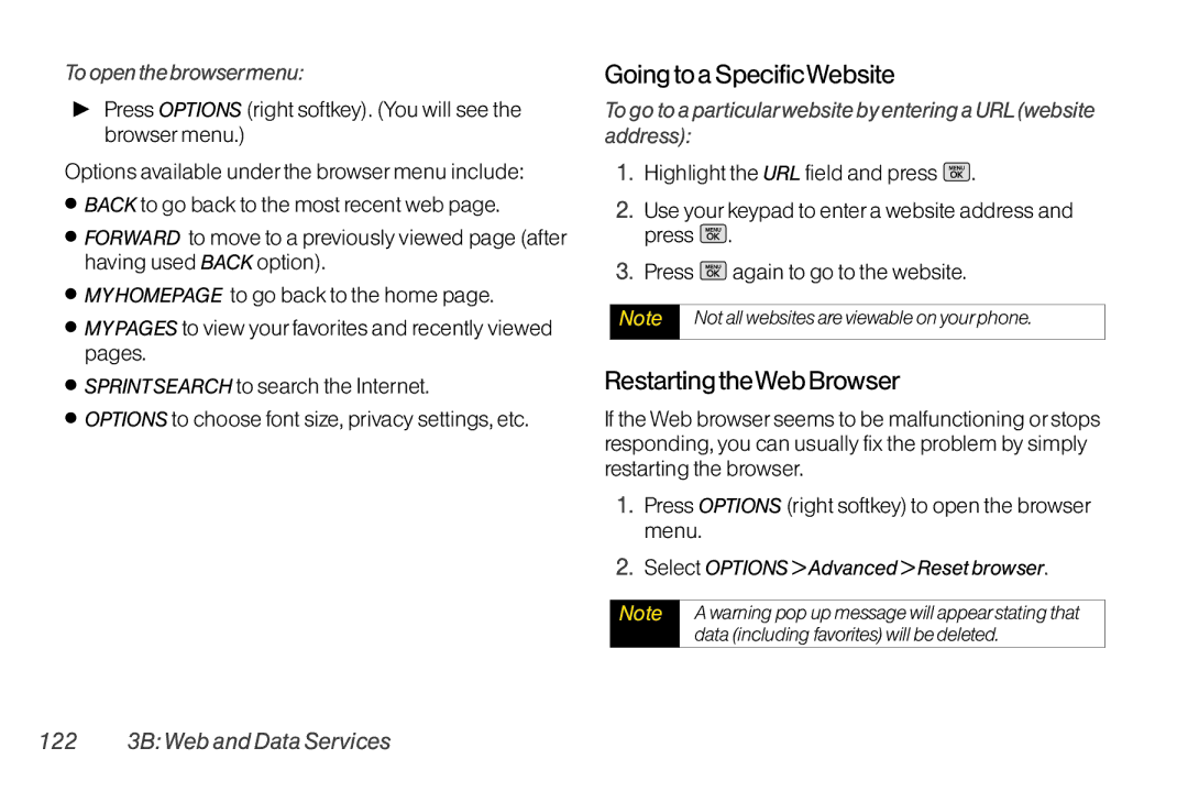 Mitel LG260 Going to a SpecificWebsite, Restarting theWeb Browser, To open the browsermenu, 122 3B Web and Data Services 