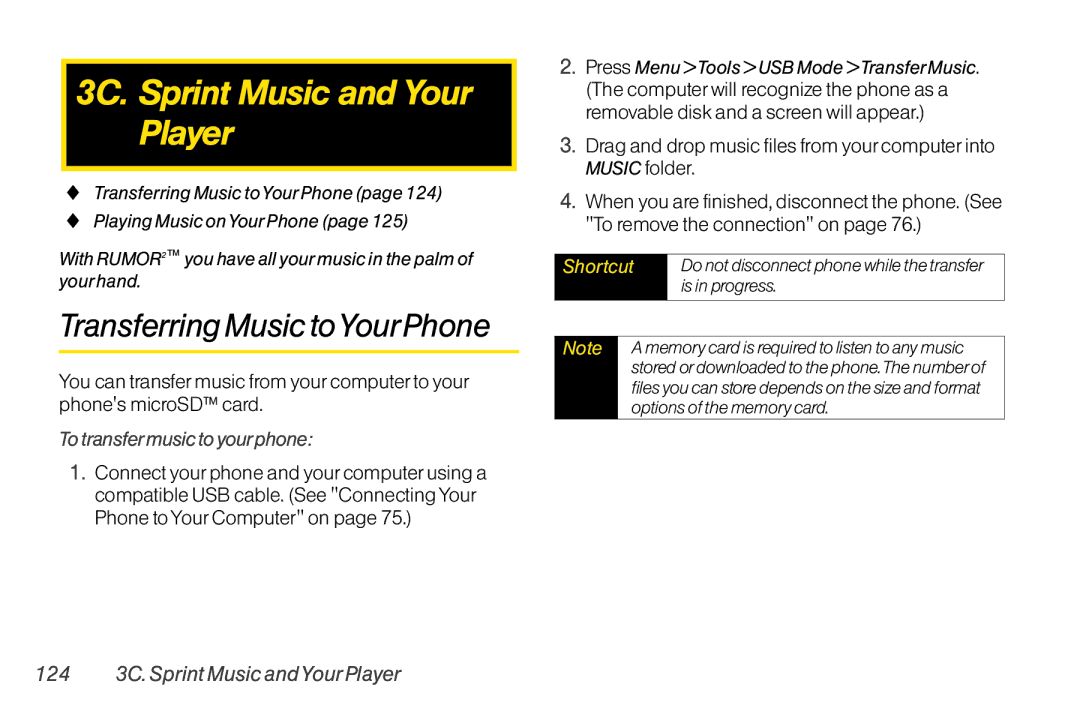 Mitel LG260 manual 3C. Sprint Music and Your Player, Transferring Music toYourPhone, To transfermusic to yourphone 