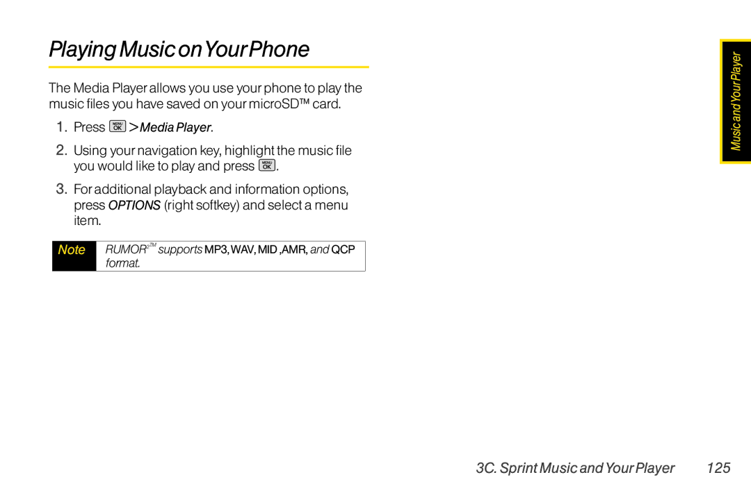 Mitel LG260 manual Playing MusiconYourPhone, 3C. Sprint Music andYour Player 125, Press Media Player 