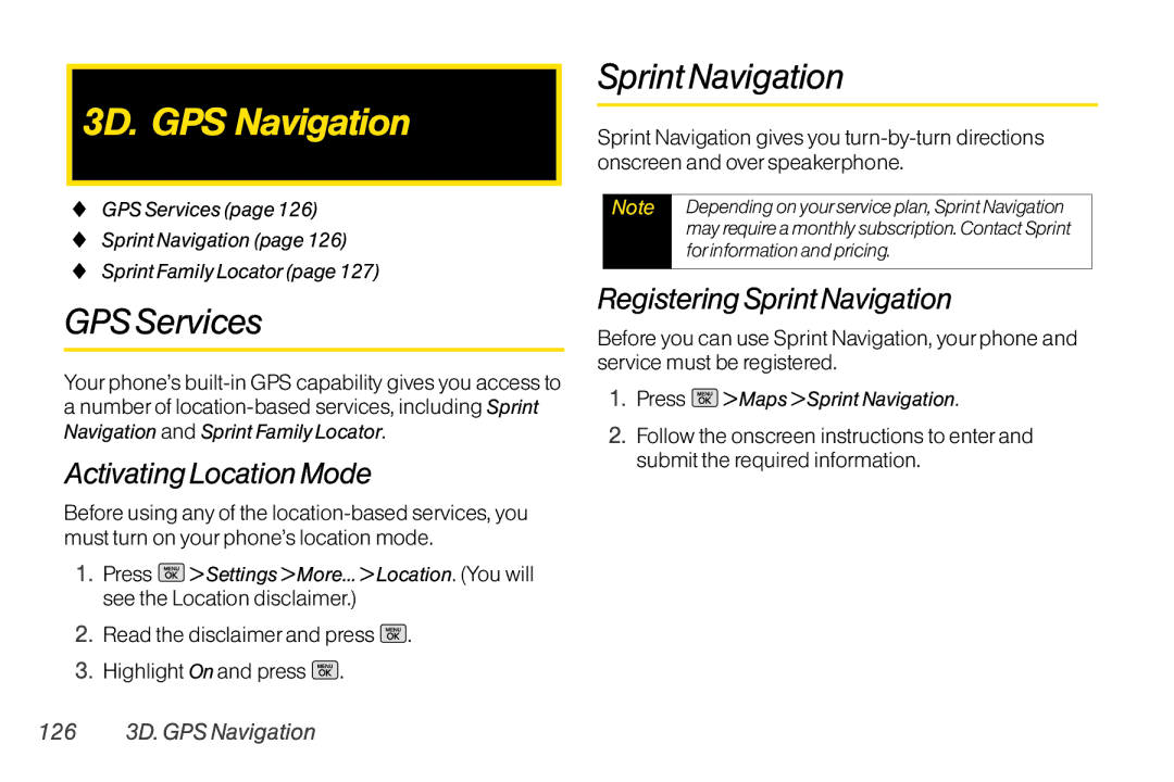 Mitel LG260 manual 3D. GPS Navigation, GPS Services, Activating Location Mode, Registering Sprint Navigation 