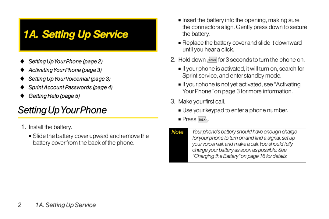 Mitel LG260 manual 1A. Setting Up Service, Setting UpYourPhone, Install the battery 