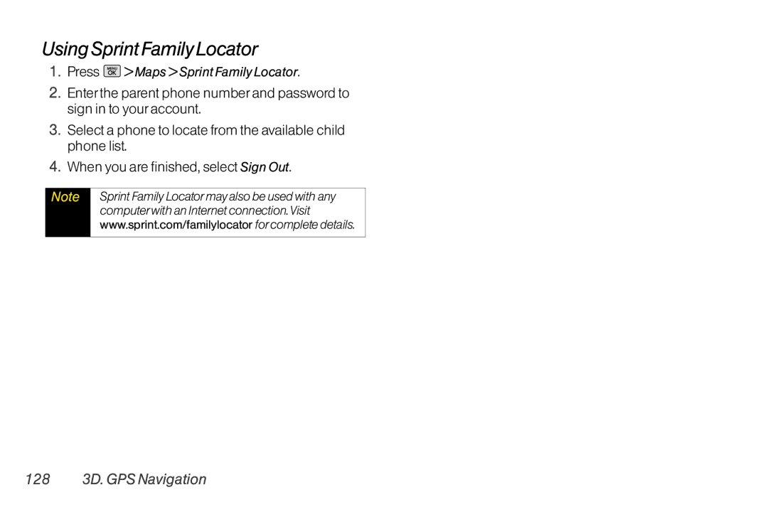 Mitel LG260 manual Using Sprint Family Locator, 128 3D. GPS Navigation 