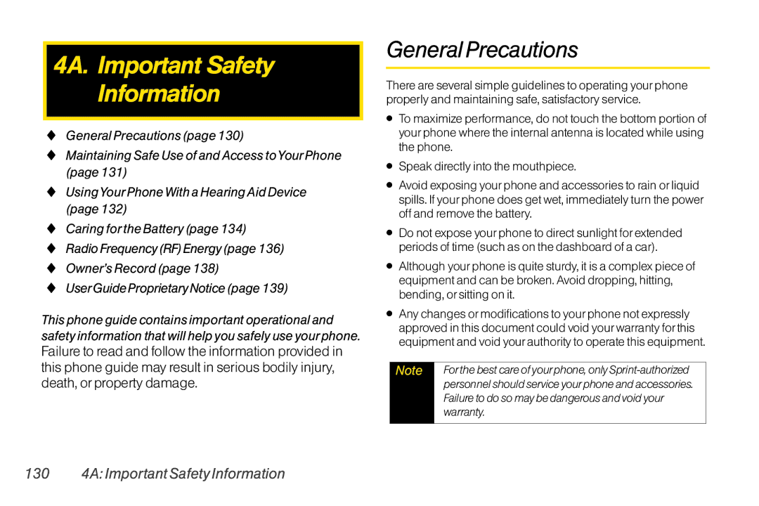 Mitel LG260 manual 4A. Important Safety Information, General Precautions, 130 4A Important Safety Information, Warranty 