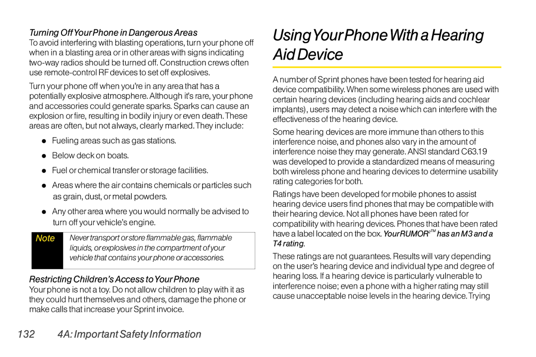 Mitel LG260 manual UsingYourPhoneWith a Hearing Aid Device, 132 4A Important Safety Information 