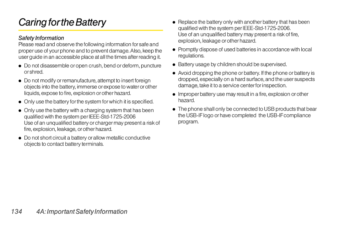 Mitel LG260 manual Caring forthe Battery, 134 4A Important Safety Information 