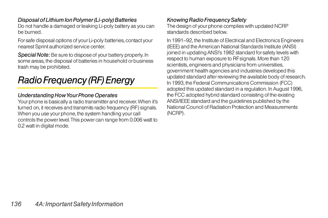 Mitel LG260 manual Radio Frequency RFEnergy, 136 4A Important Safety Information, Understanding HowYour Phone Operates 