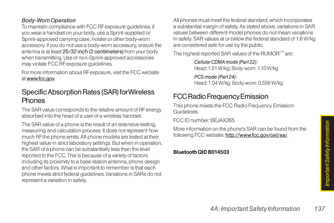 Mitel LG260 manual FCCRadioFrequencyEmission, 4AImportantSafetyInformation 137, Body-WornOperation, CellularCDMAmodePart22 