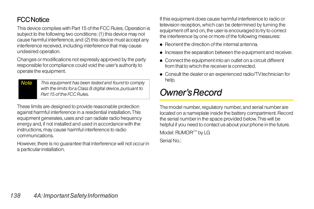 Mitel LG260 manual Owner’s Record, FCC Notice, 138 4A Important Safety Information, Part 15 of the FCC Rules 