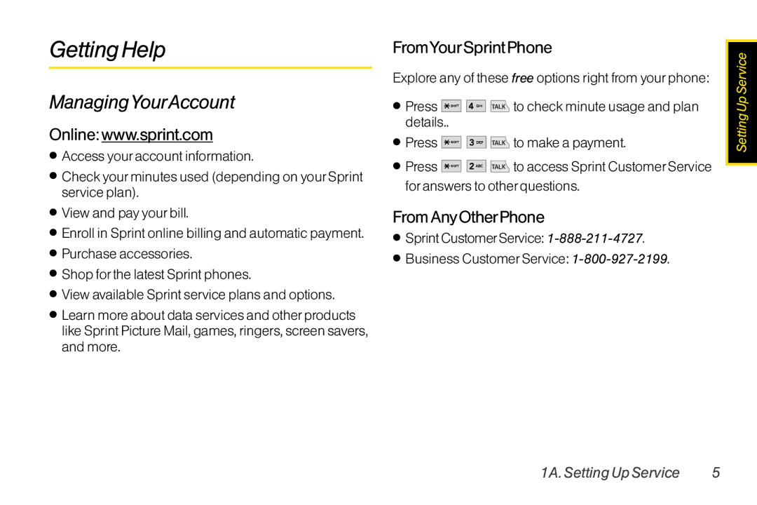 Mitel LG260 manual Getting Help, ManagingYourAccount, FromYourSprint Phone, From AnyOtherPhone 