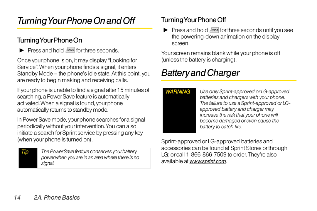 Mitel LG260 manual TurningYourPhone On and Off, Batteryand Charger, TurningYourPhone Off, 14 2A. Phone Basics 