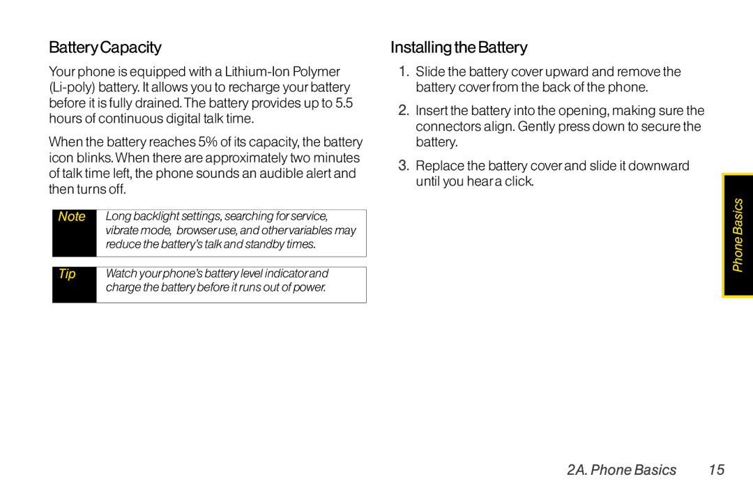 Mitel LG260 manual BatteryCapacity, Installingthe Battery 