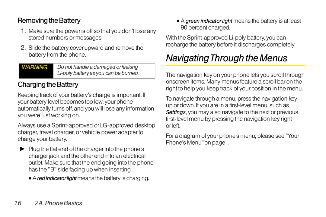 Mitel LG260 manual NavigatingThrough the Menus, Removing the Battery, Chargingthe Battery, 16 2A. Phone Basics 