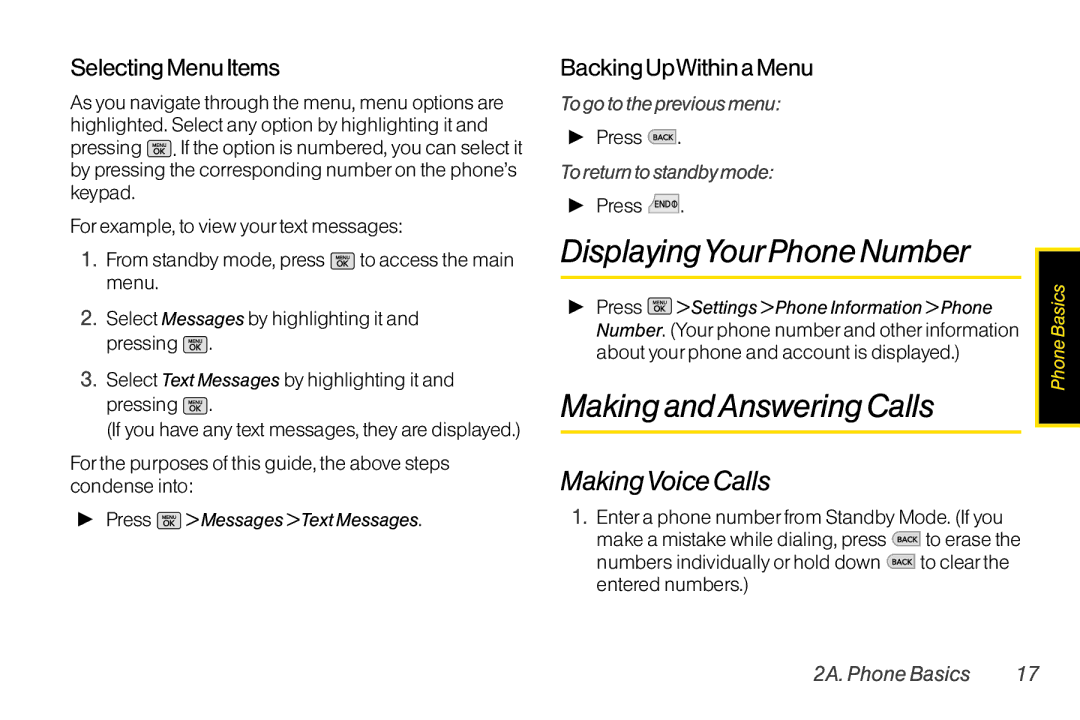 Mitel LG260 manual DisplayingYourPhone Number, Making andAnswering Calls, MakingVoice Calls, Selecting Menu Items 