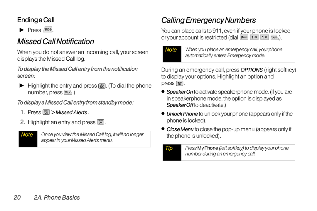 Mitel LG260 manual Missed CallNotification, Calling Emergency Numbers, Ending a Call, 20 2A. Phone Basics 