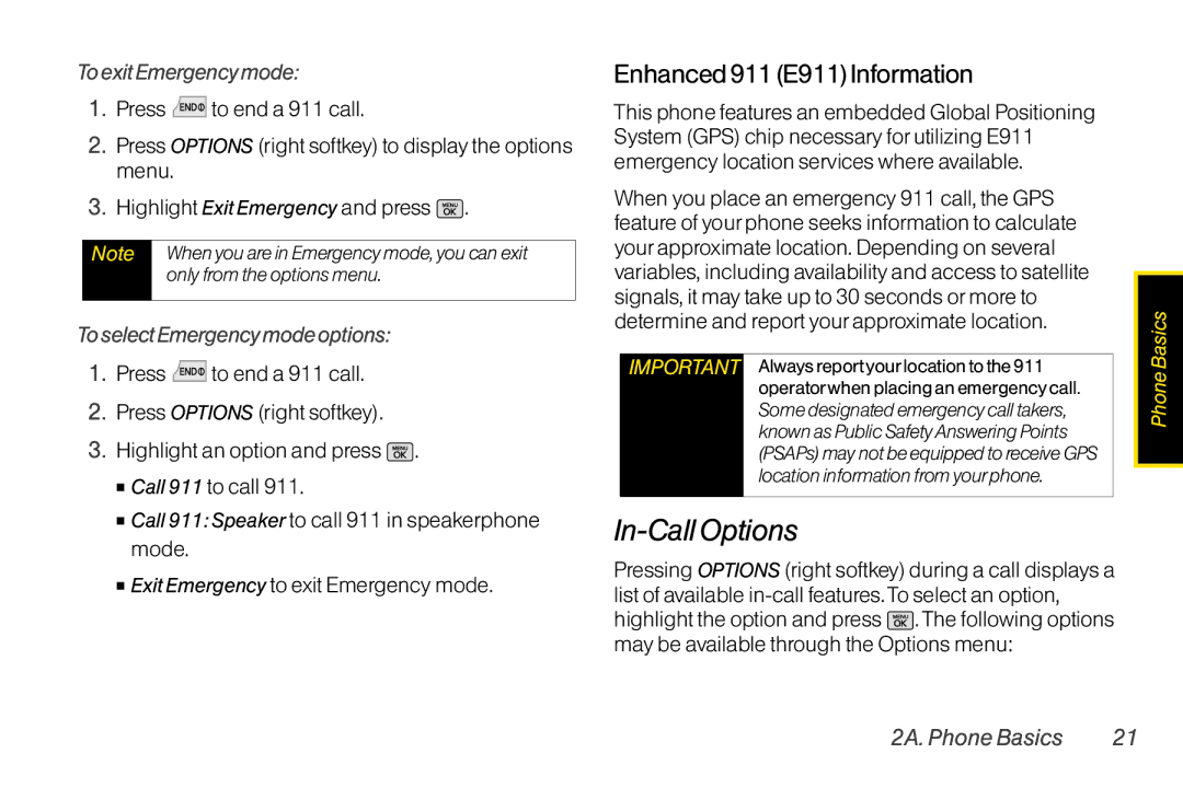 Mitel LG260 manual In-Call Options, Enhanced 911 E911Information, To exit Emergency mode, To select Emergency mode options 