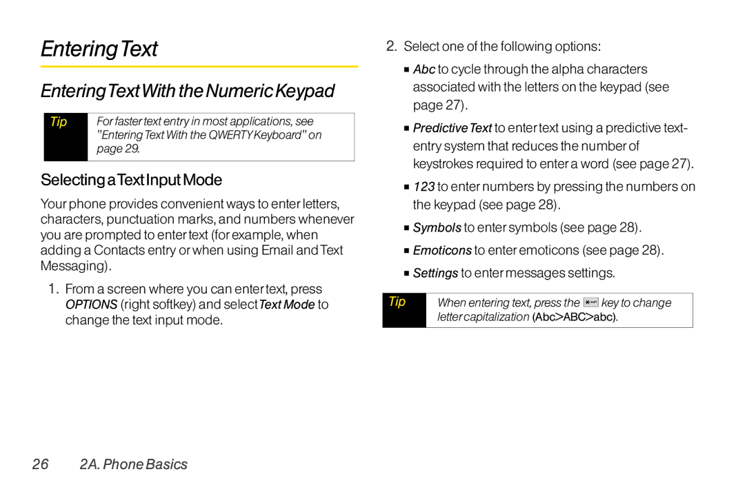 Mitel LG260 manual EnteringTextWith the Numeric Keypad, Selecting aText Input Mode, 26 2A. Phone Basics 