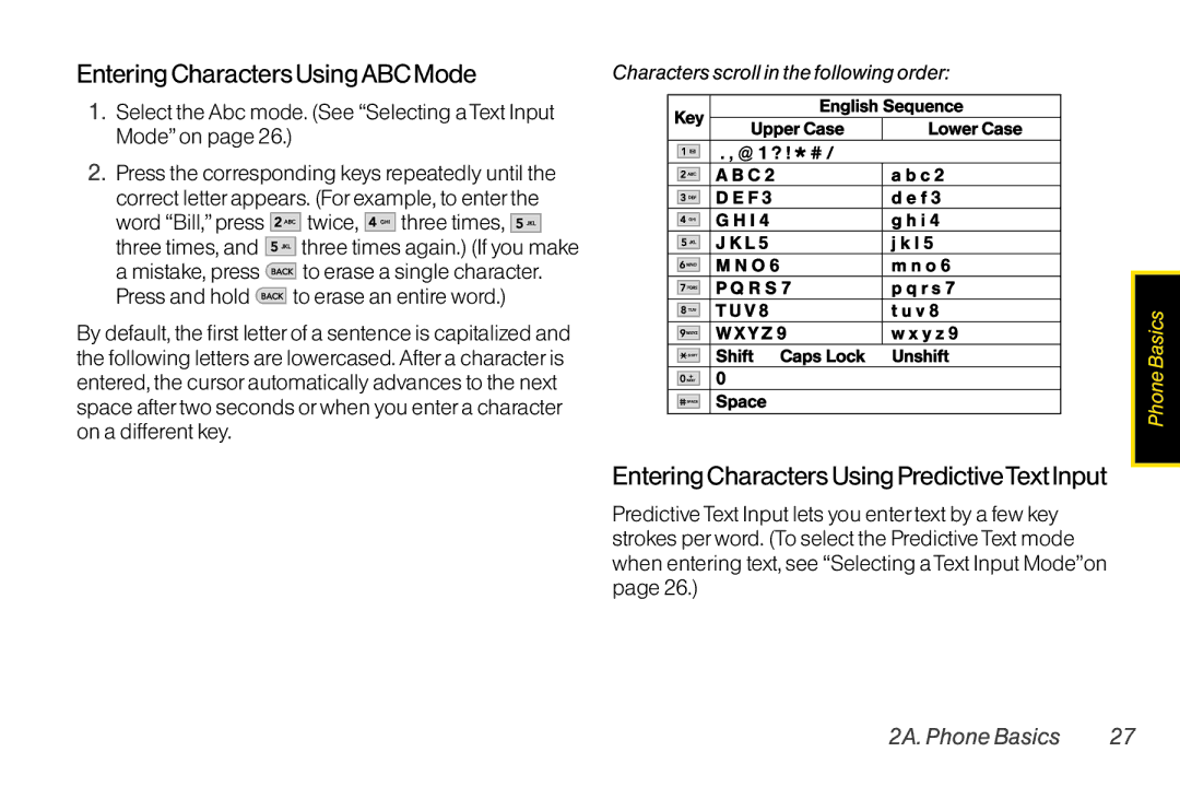 Mitel LG260 manual Entering Characters UsingABC Mode, Entering Characters Using PredictiveText Input 