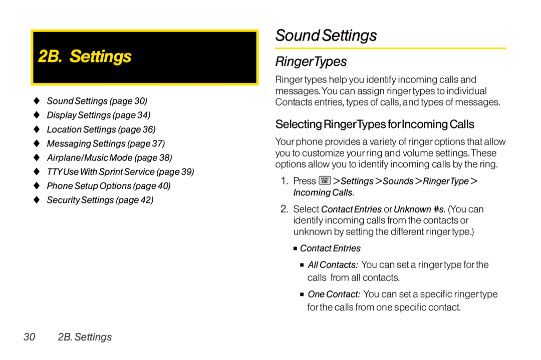 Mitel LG260 manual Sound Settings, Selecting RingerTypesforIncoming Calls, 30 2B. Settings 