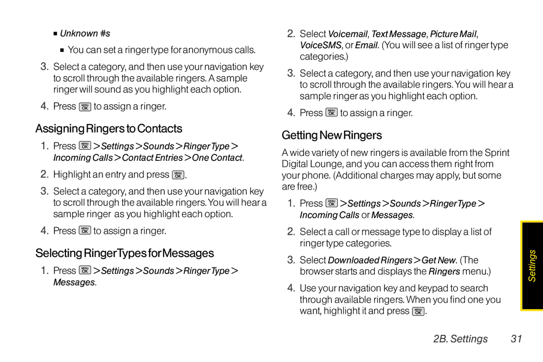 Mitel LG260 manual Assigning Ringersto Contacts, Selecting RingerTypes forMessages, Getting New Ringers, 2B. Settings 