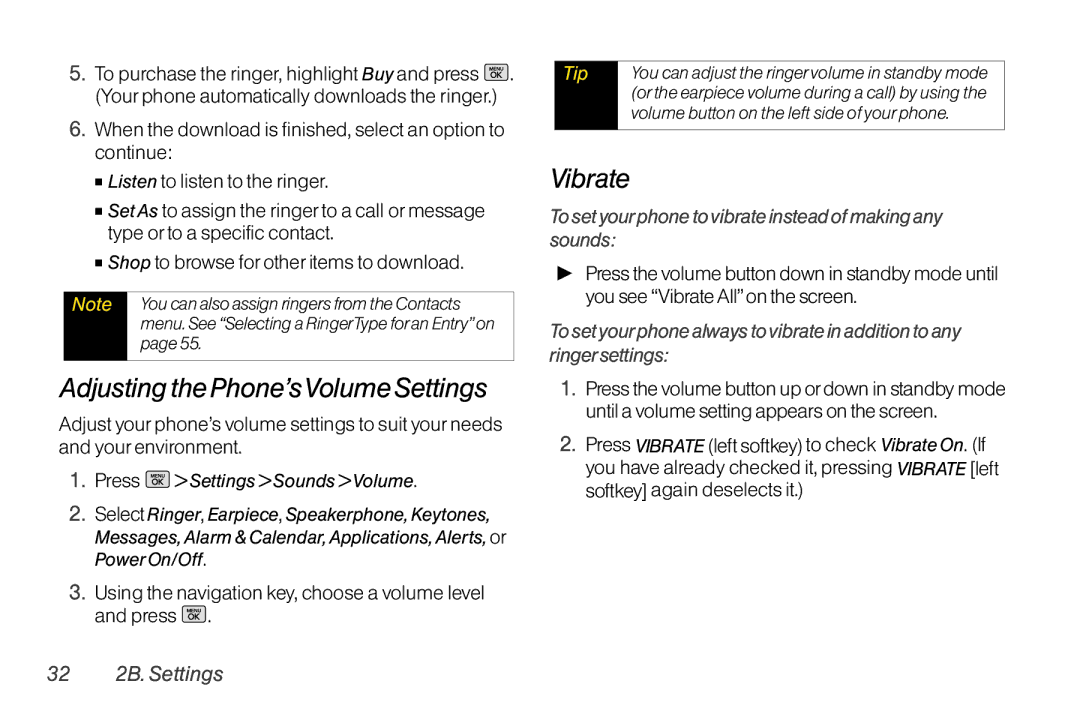 Mitel LG260 manual Adjusting the Phone’sVolumeSettings, Vibrate, Using the navigation key, choose a volume level and press 