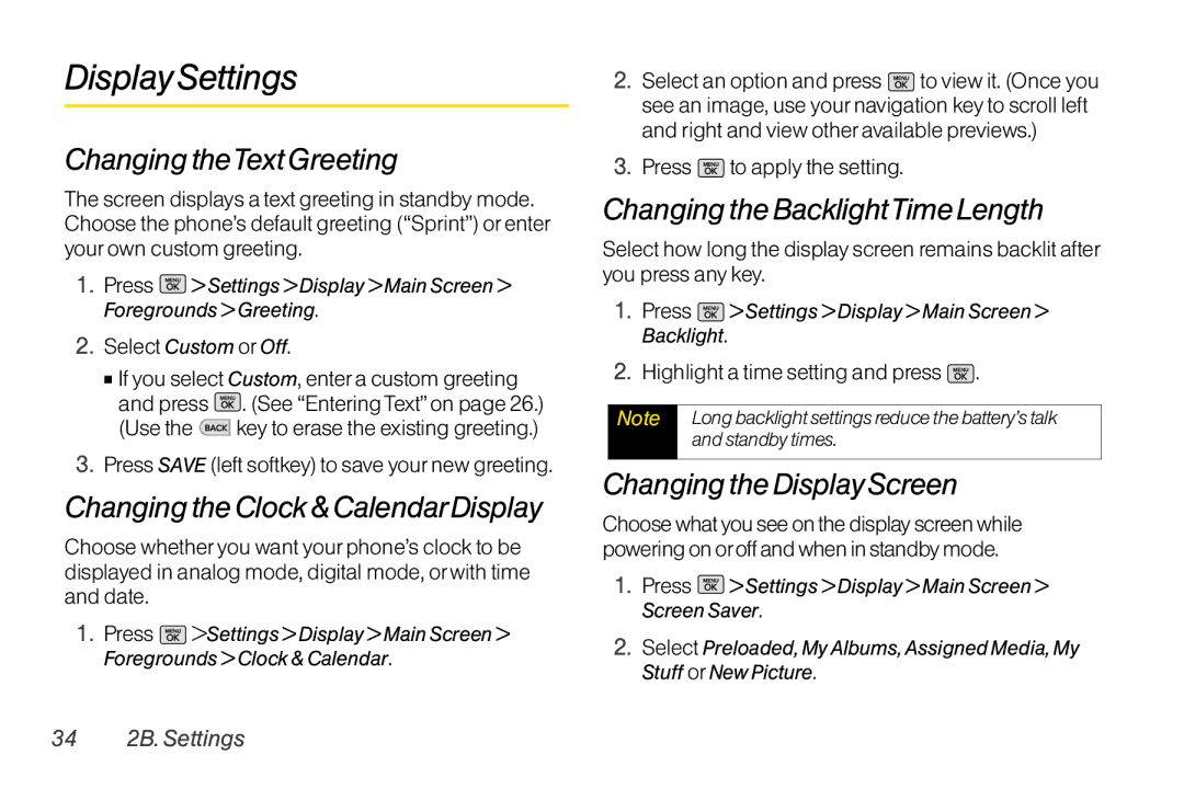 Mitel LG260 Display Settings, Changing theText Greeting, Changing the Clock & CalendarDisplay, Changing the Display Screen 