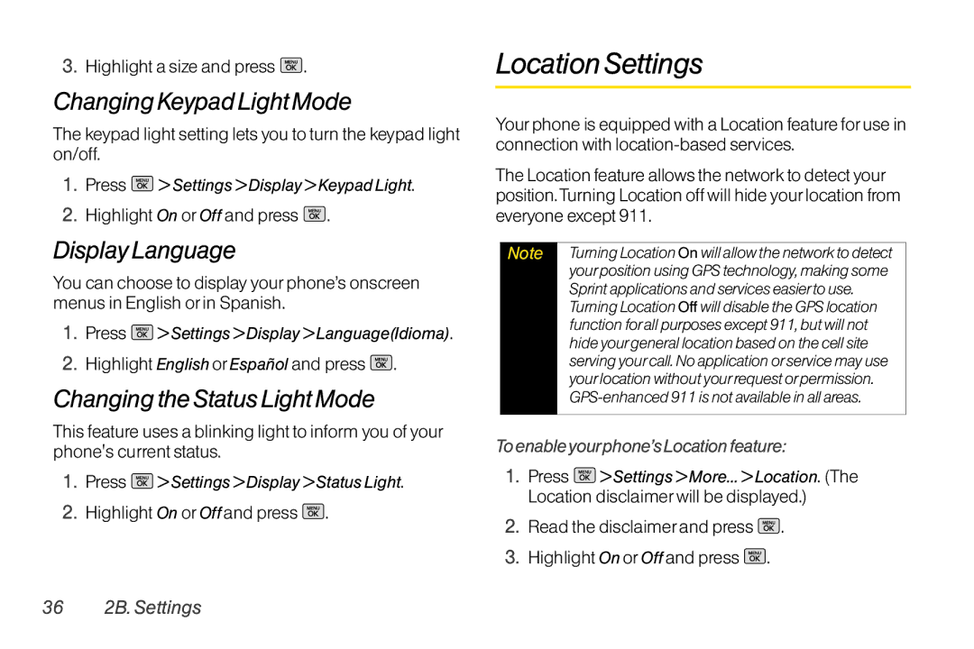 Mitel LG260 manual Location Settings, Changing Keypad Light Mode, DisplayLanguage, Changing the Status Light Mode 