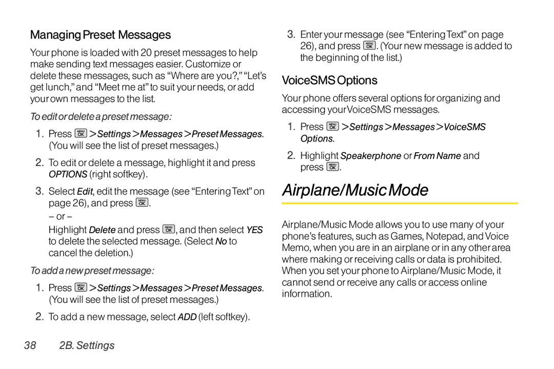 Mitel LG260 manual Airplane/Music Mode, Managing Preset Messages, VoiceSMS Options 