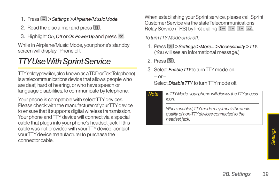 Mitel LG260 manual TTYUseWithSprintService, ToturnTTY Modeonoroff, 2B.Settings, Press SettingsAirplane/MusicMode 