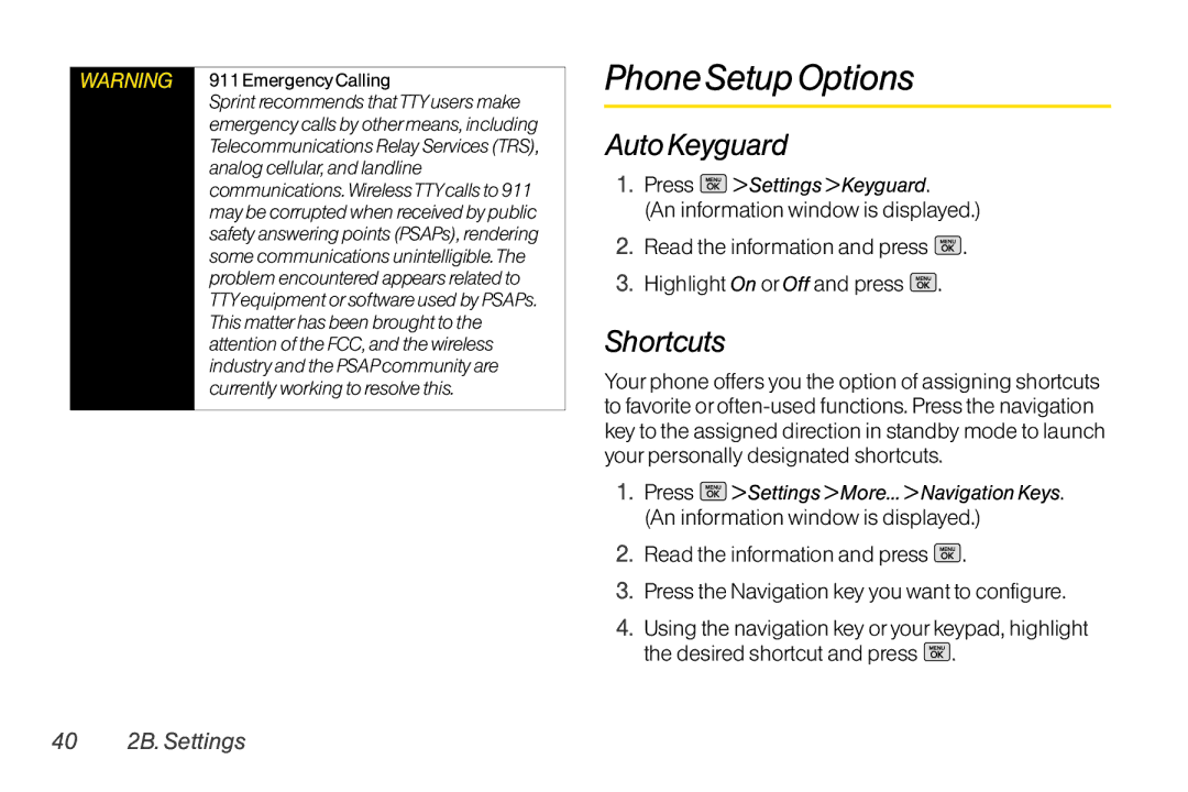 Mitel LG260 manual Phone Setup Options, Auto Keyguard, Shortcuts, 40 2B. Settings, Press Settings Keyguard 