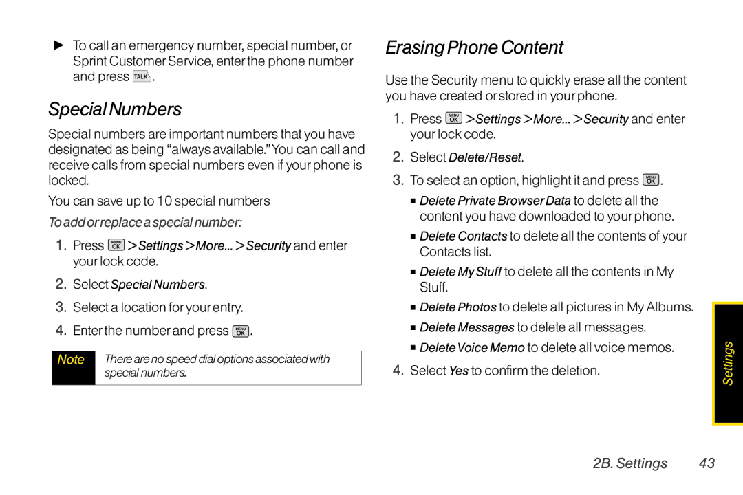 Mitel LG260 manual Special Numbers, Erasing Phone Content, To add orreplace a special number 