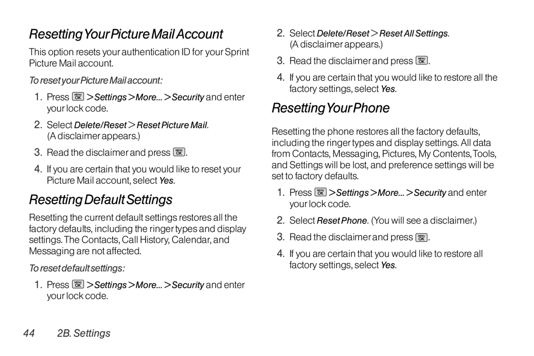 Mitel LG260 manual ResettingYourPicture MailAccount, Resetting Default Settings, ResettingYourPhone 