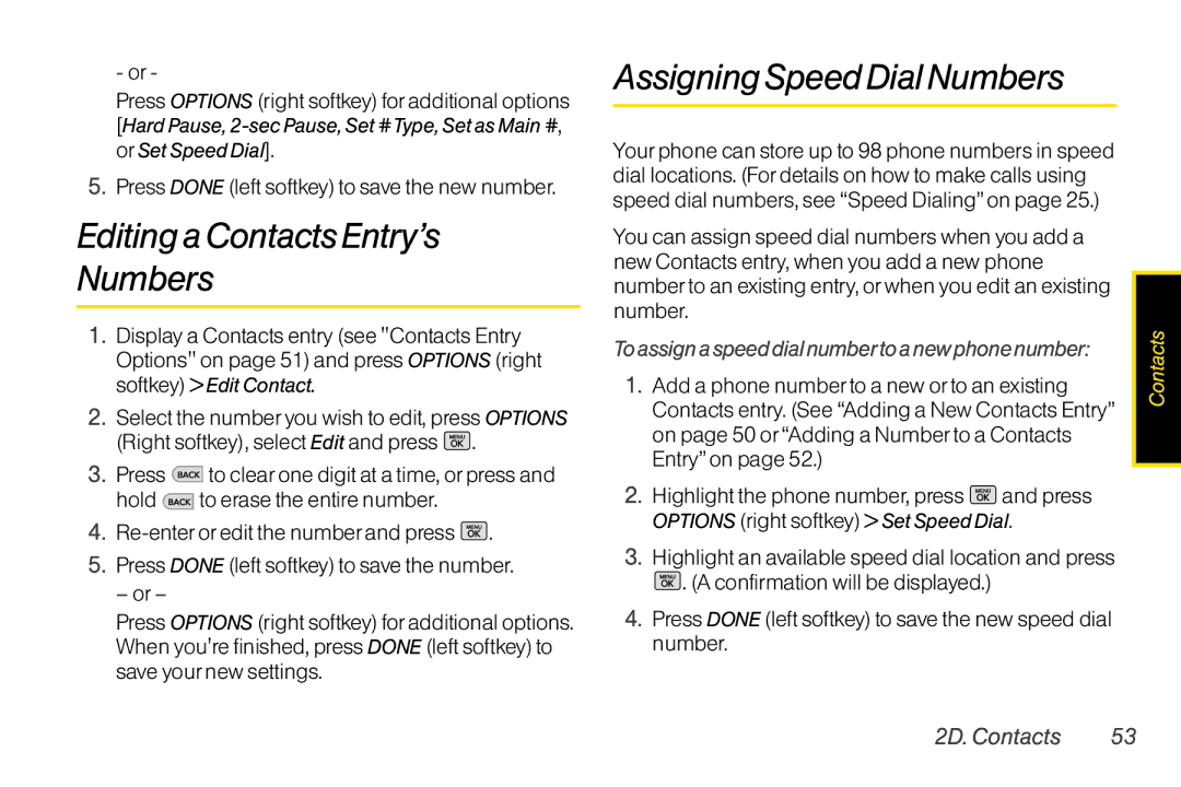 Mitel LG260 Editing a Contacts Entry’s Numbers, AssigningSpeed Dial Numbers, Add a phone number to a new or to an existing 