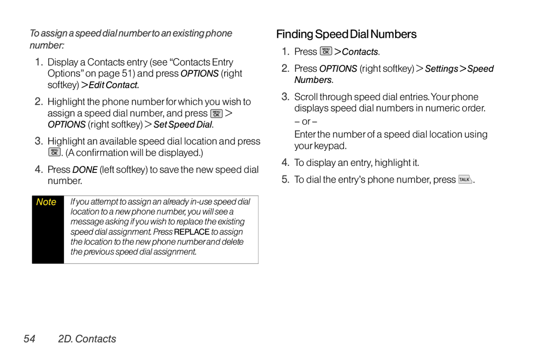 Mitel LG260 manual Finding Speed Dial Numbers, To assign a speed dial numberto an existing phone number, 54 2D. Contacts 