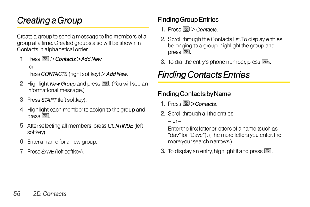 Mitel LG260 Creating a Group, Finding ContactsEntries, Finding Group Entries, Finding Contacts byName, 56 2D. Contacts 