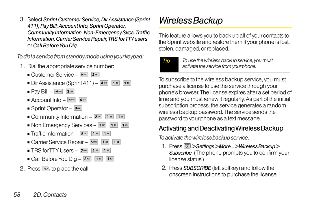 Mitel LG260 manual Activating and DeactivatingWireless Backup, To activate the wireless backup service, 58 2D. Contacts 