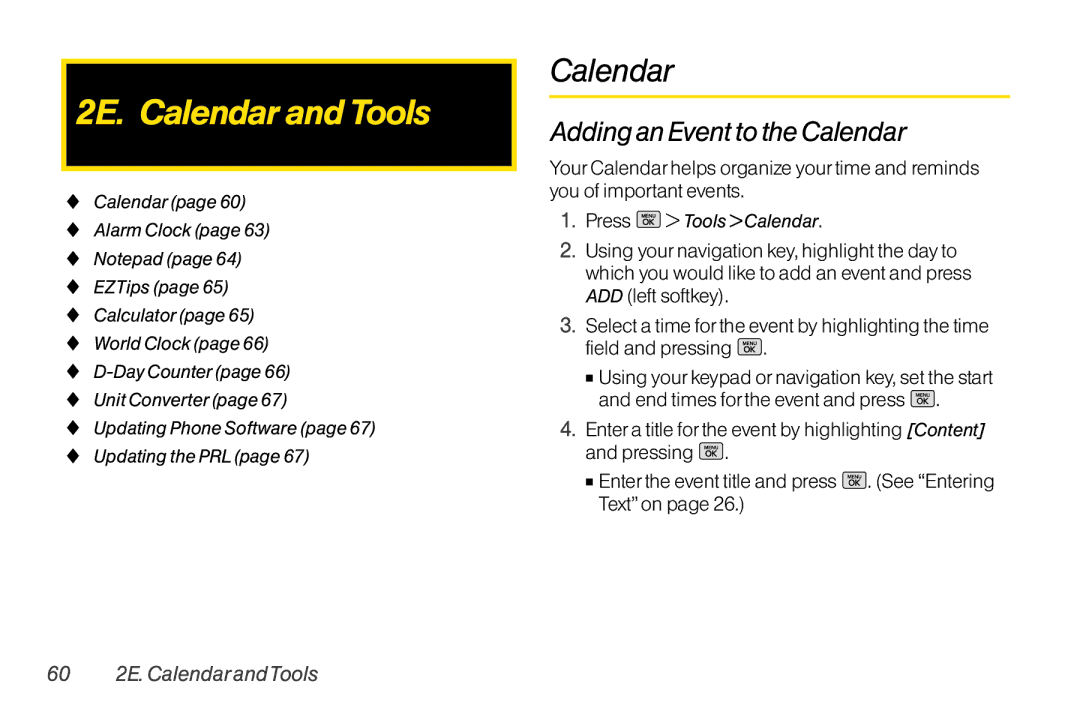 Mitel LG260 manual 2E. Calendar and Tools, Adding an Event to the Calendar, 60 2E. Calendar andTools, Press Tools Calendar 