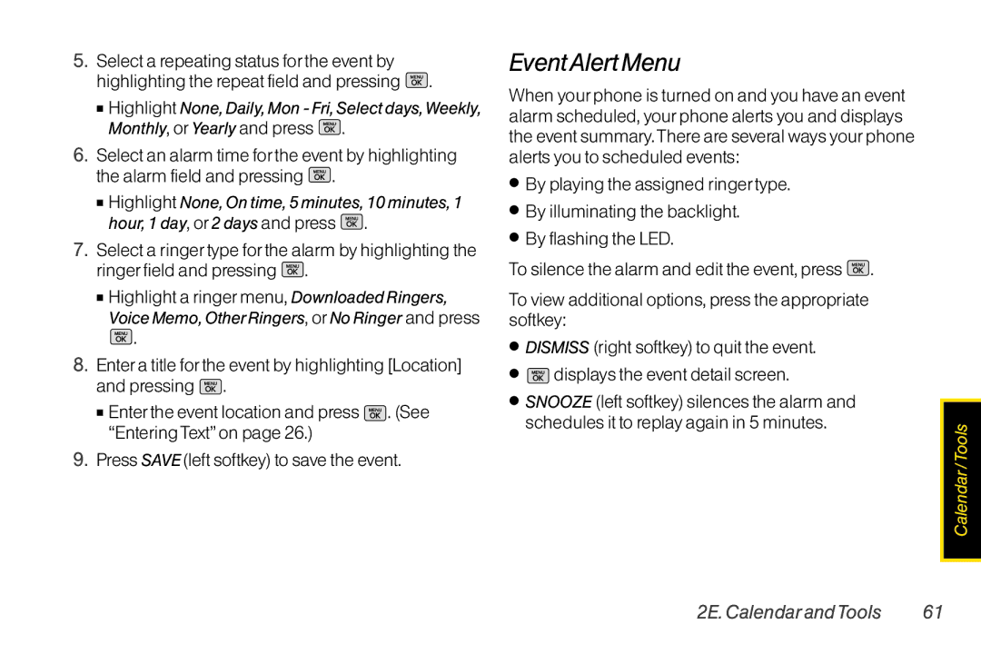 Mitel LG260 manual EventAlert Menu, 2E. Calendar andTools, Voice Memo, Other Ringers, or No Ringer and press 