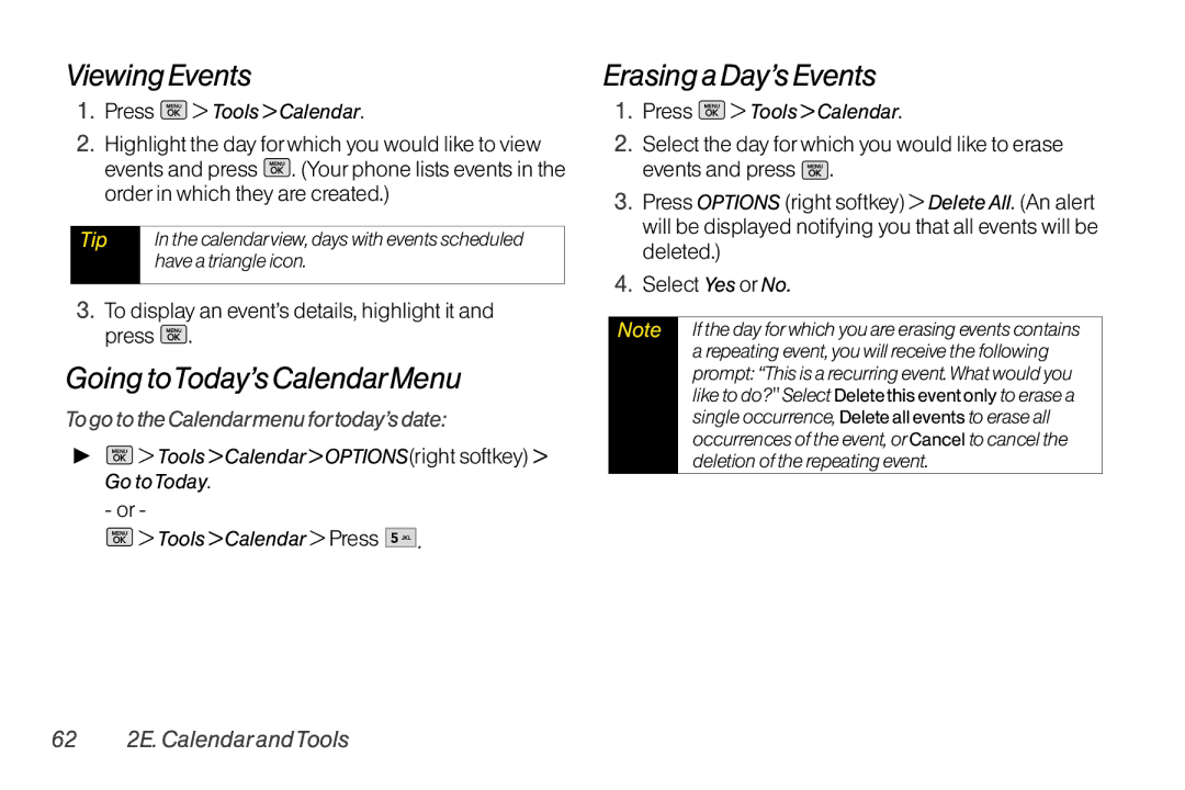 Mitel LG260 manual Viewing Events, Going toToday’s CalendarMenu, Erasing a Day’s Events, 62 2E. Calendar andTools 