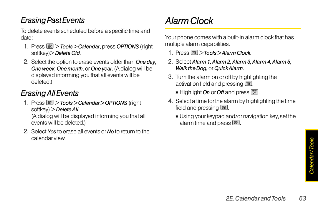 Mitel LG260 Alarm Clock, Erasing Past Events, ErasingAll Events, Press Tools Calendar Options right softkey Delete All 