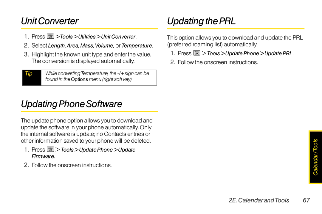 Mitel LG260 manual Unit Converter, Updating the PRL, Updating Phone Software, Follow the onscreen instructions 