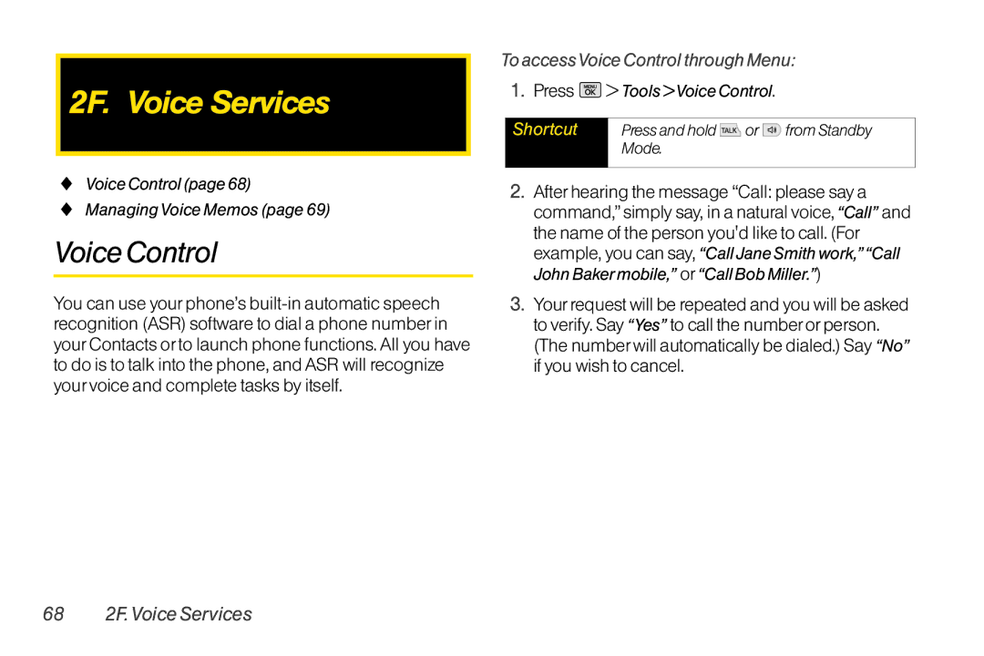 Mitel LG260 manual 2F. Voice Services, To accessVoice Control through Menu, 68 2F.Voice Services 