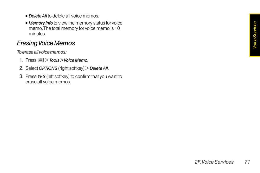 Mitel LG260 manual ErasingVoice Memos, To erase all voice memos 