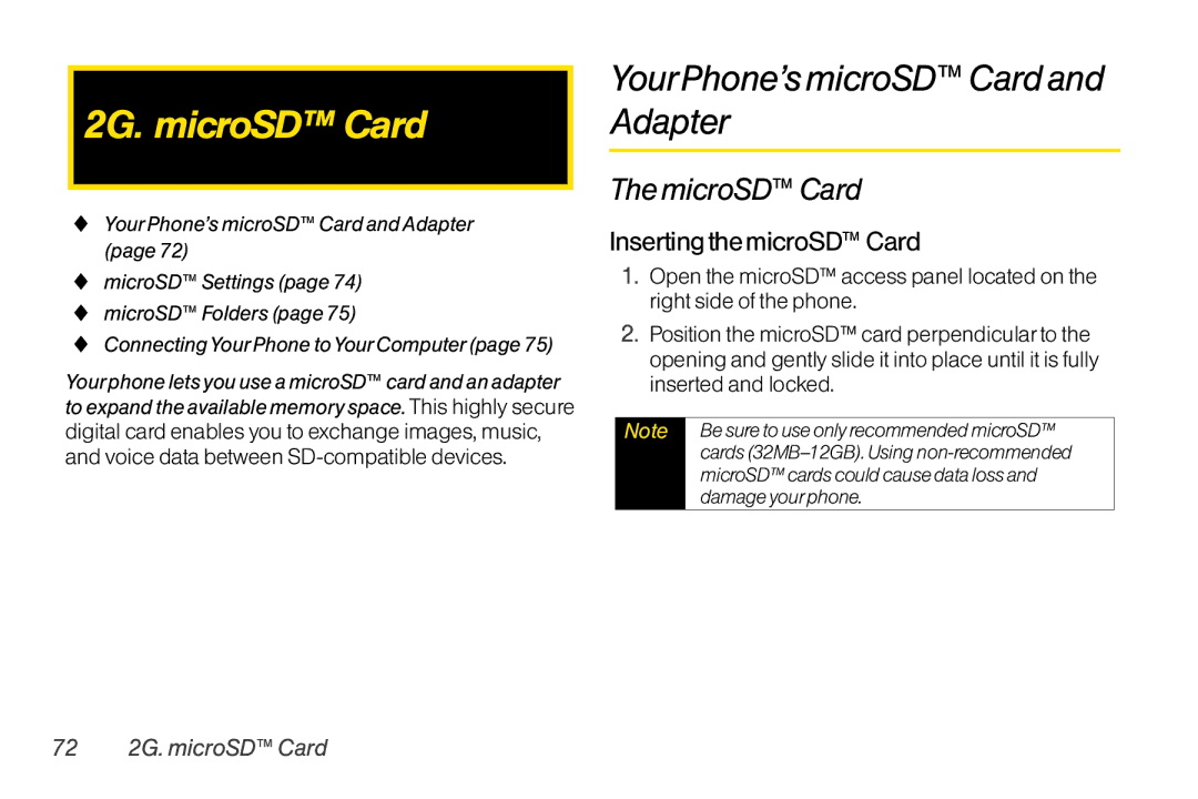 Mitel LG260 manual 2G. microSD Card, YourPhone’s microSD Card and Adapter, MicroSD Card, Inserting the microSD Card 