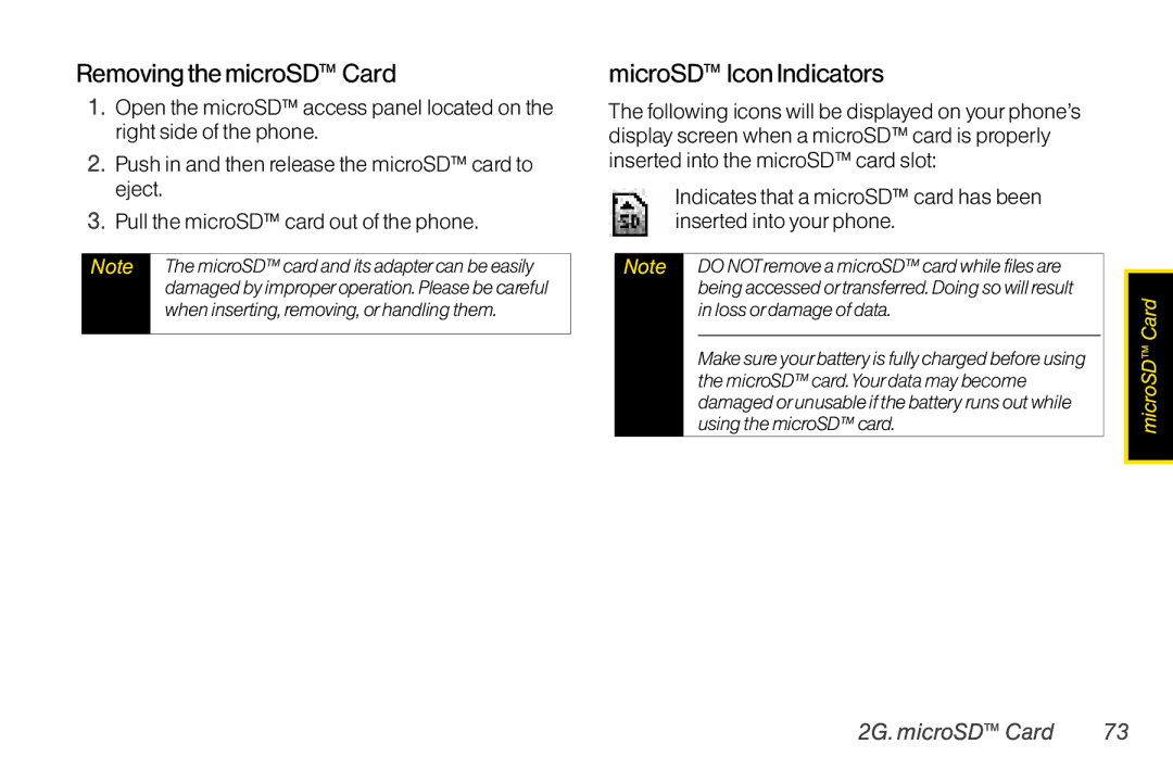 Mitel LG260 manual Removing the microSD Card, MicroSD Icon Indicators, 2G. microSD Card 