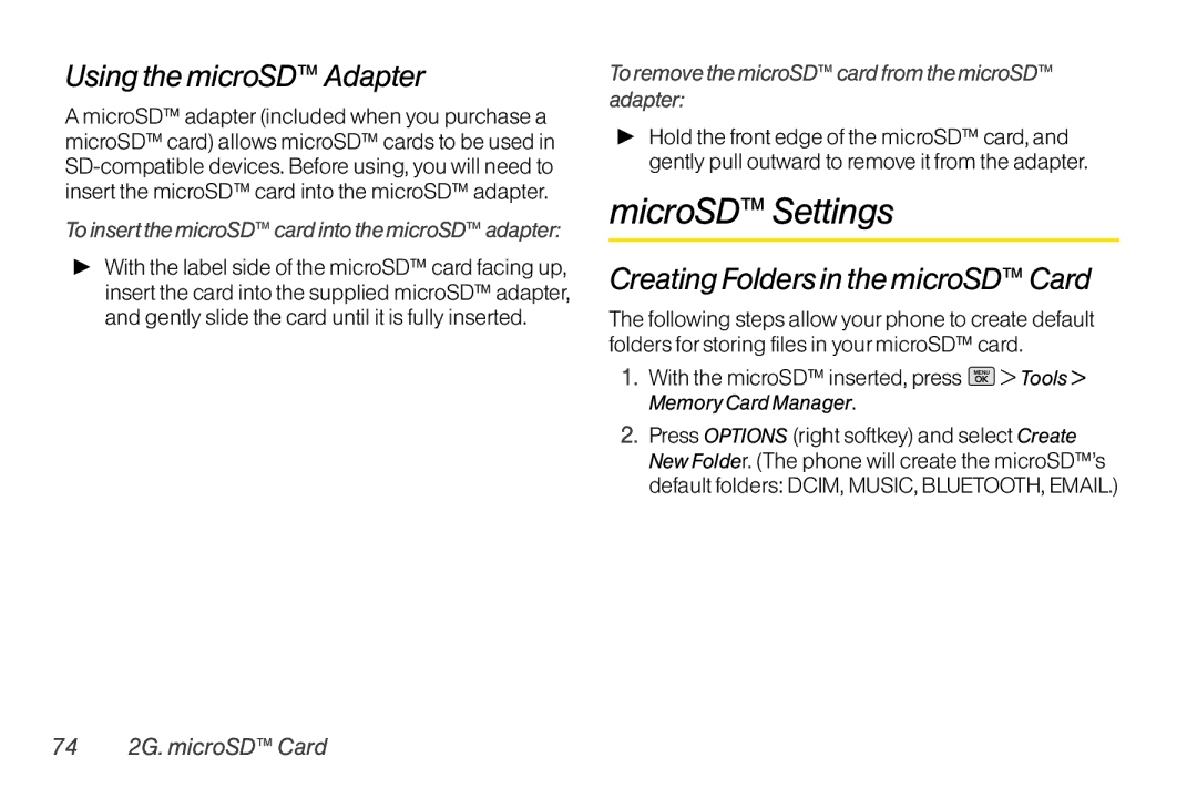 Mitel LG260 manual MicroSD Settings, Using the microSD Adapter, Creating Foldersin the microSD Card, 74 2G. microSD Card 