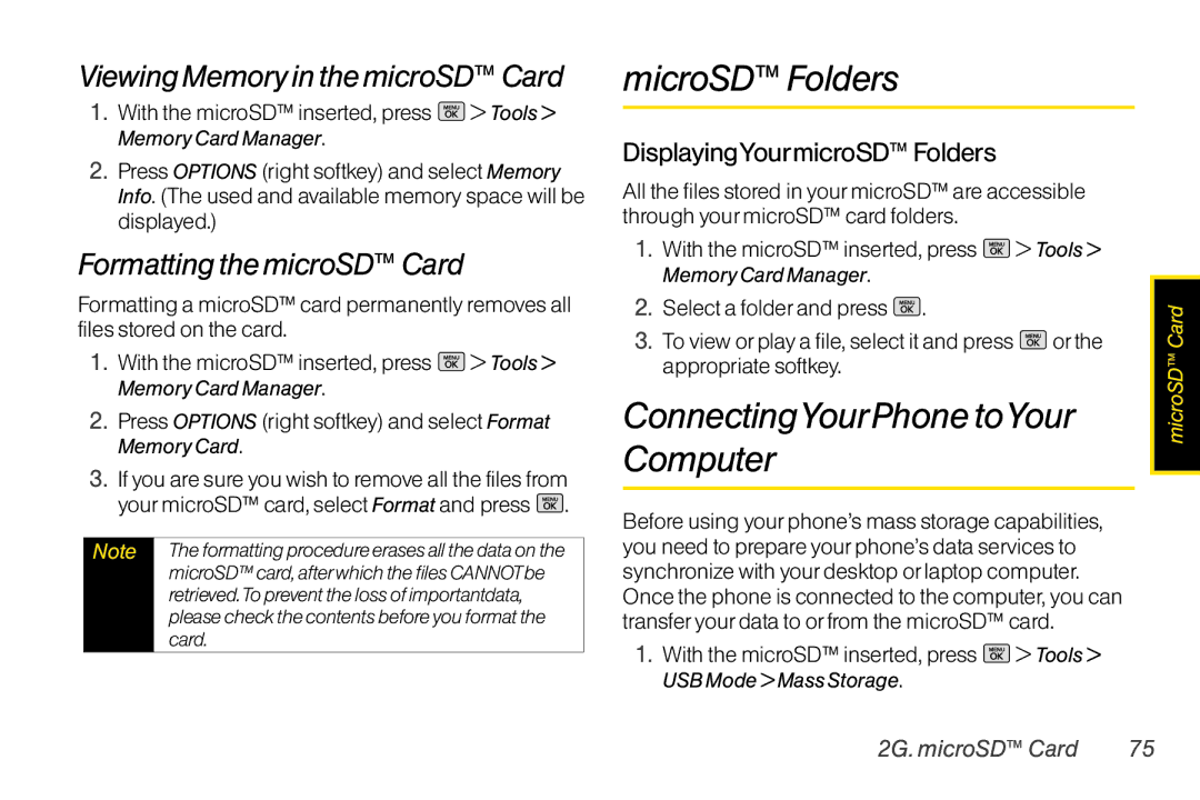 Mitel LG260 manual MicroSD Folders, ConnectingYourPhone toYour Computer, Viewing Memory in the microSD Card 