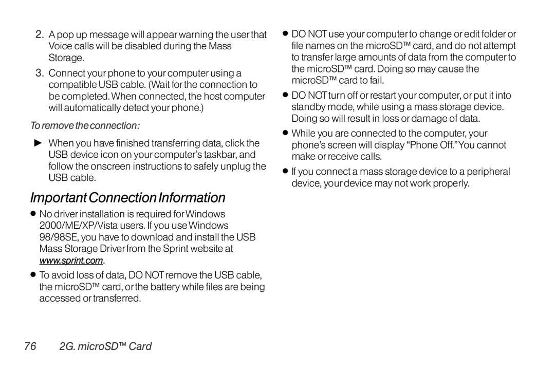 Mitel LG260 manual Important Connection Information, To remove the connection, 76 2G. microSD Card 