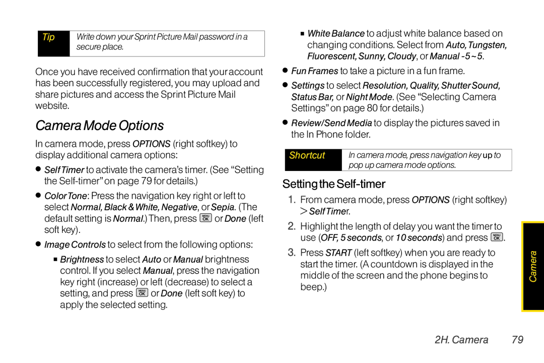 Mitel LG260 manual Camera Mode Options, Setting the Self-timer, Image Controls to select from the following options 